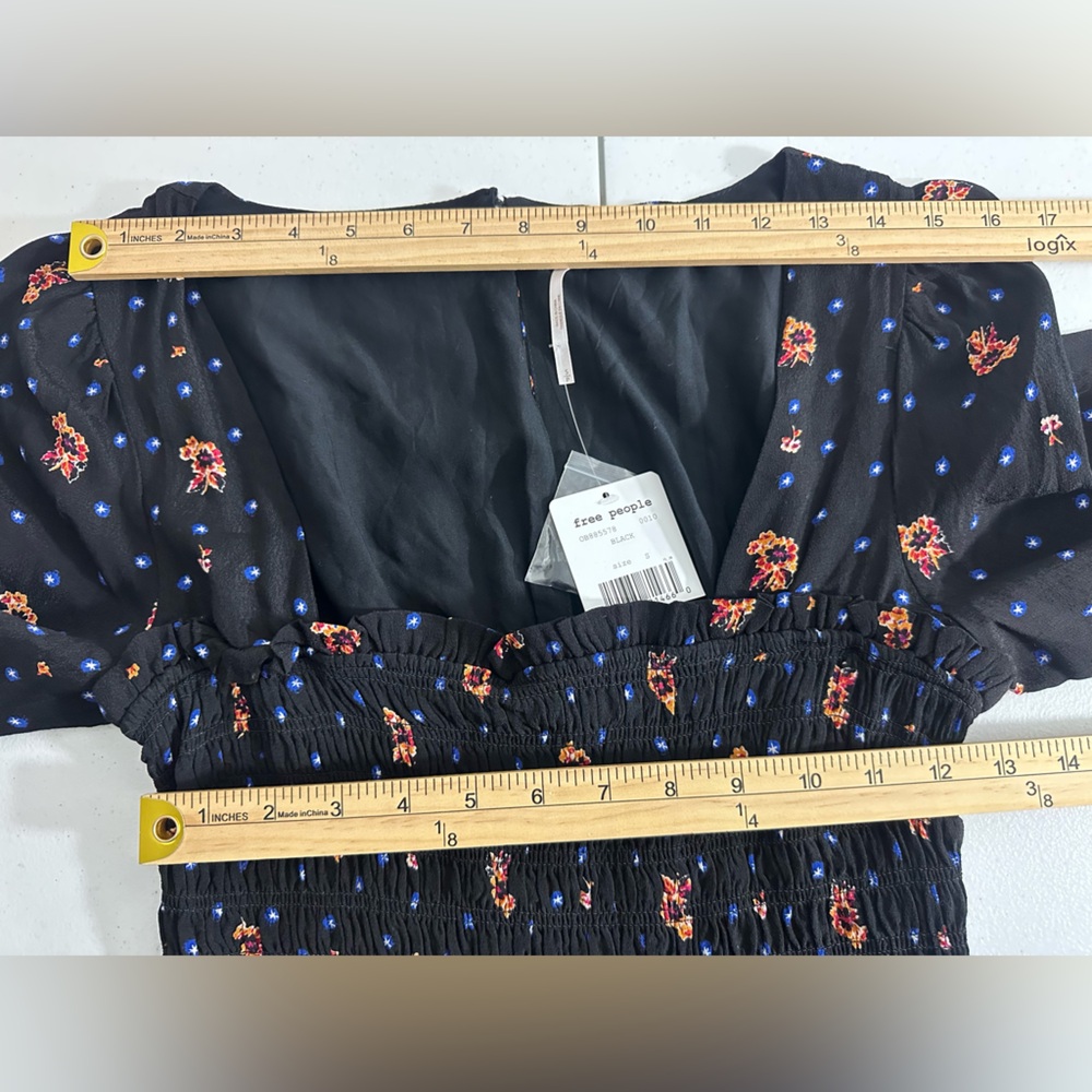 NWT Free People Black Smocked Floral Mini Dress Size Small S Long Sleeve - Picture 9 of 12